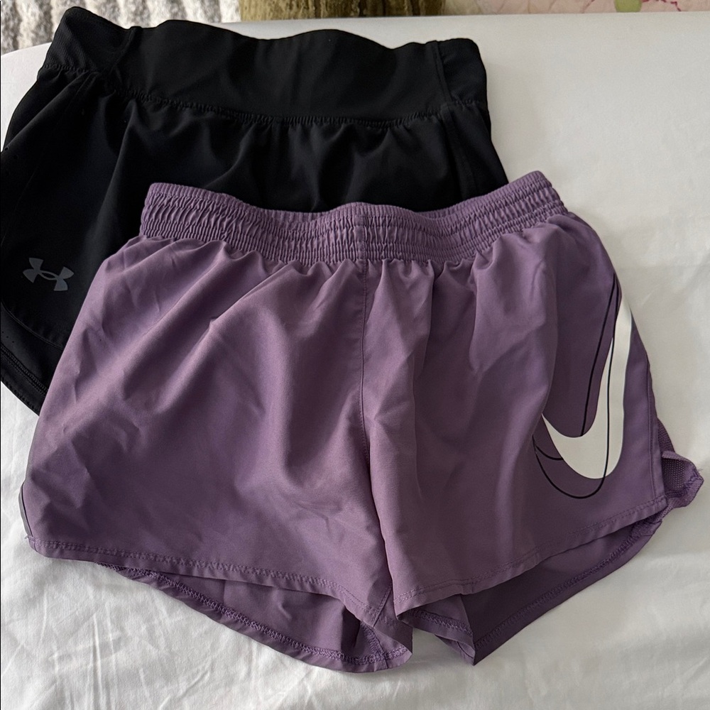 Nike Women's Purple Athletic Shorts and UA Black Running Shorts